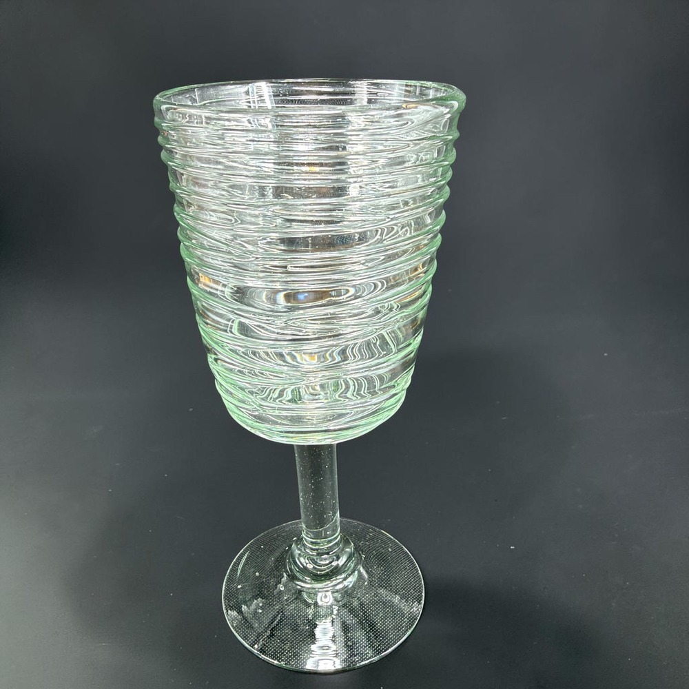 Pier 1 Light Green Ribbed Beehive Wine Goblet Glassware 7.5" Tall Cup Set of 2